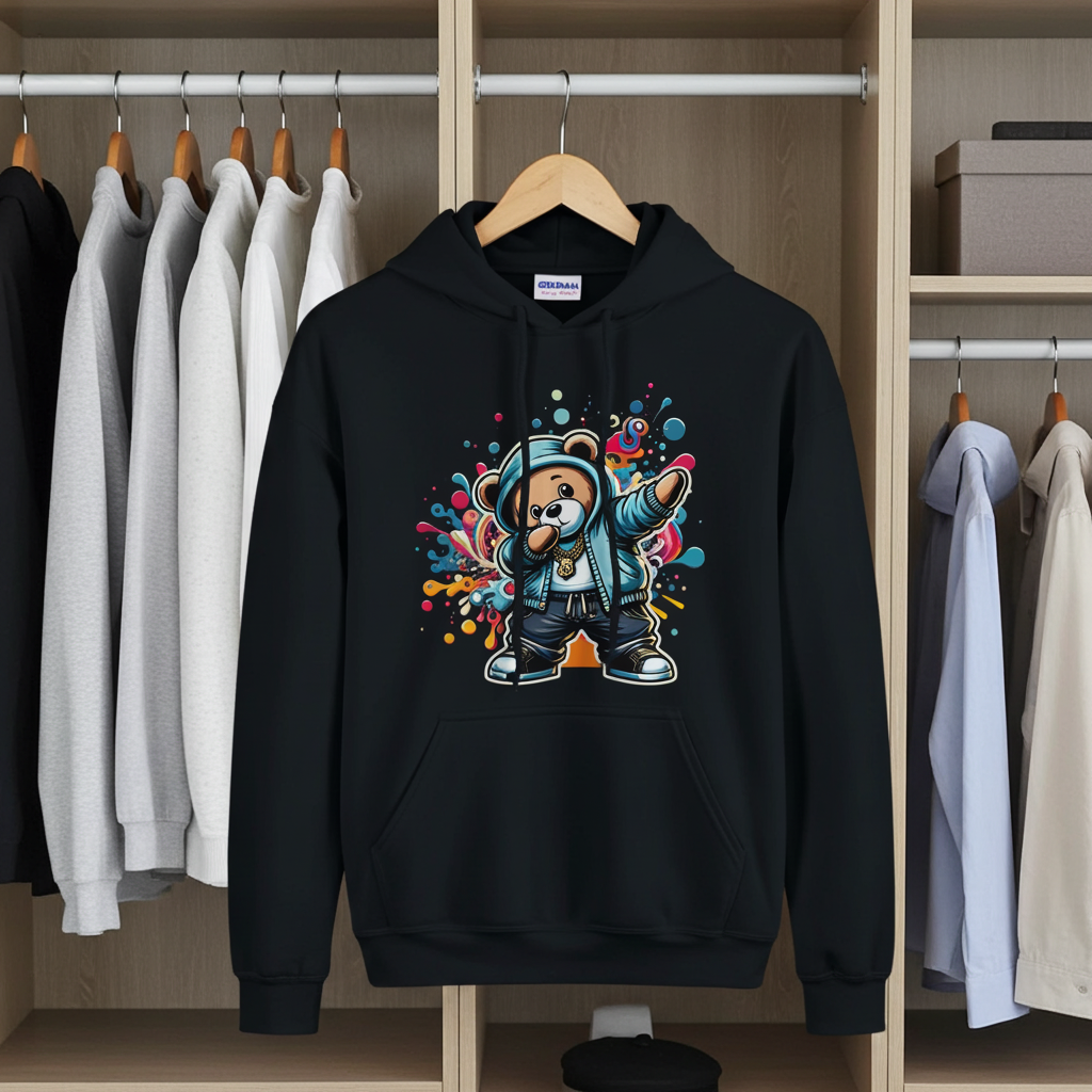 Black hoodie with colorful bear graphic on a hanger in a wardrobe.