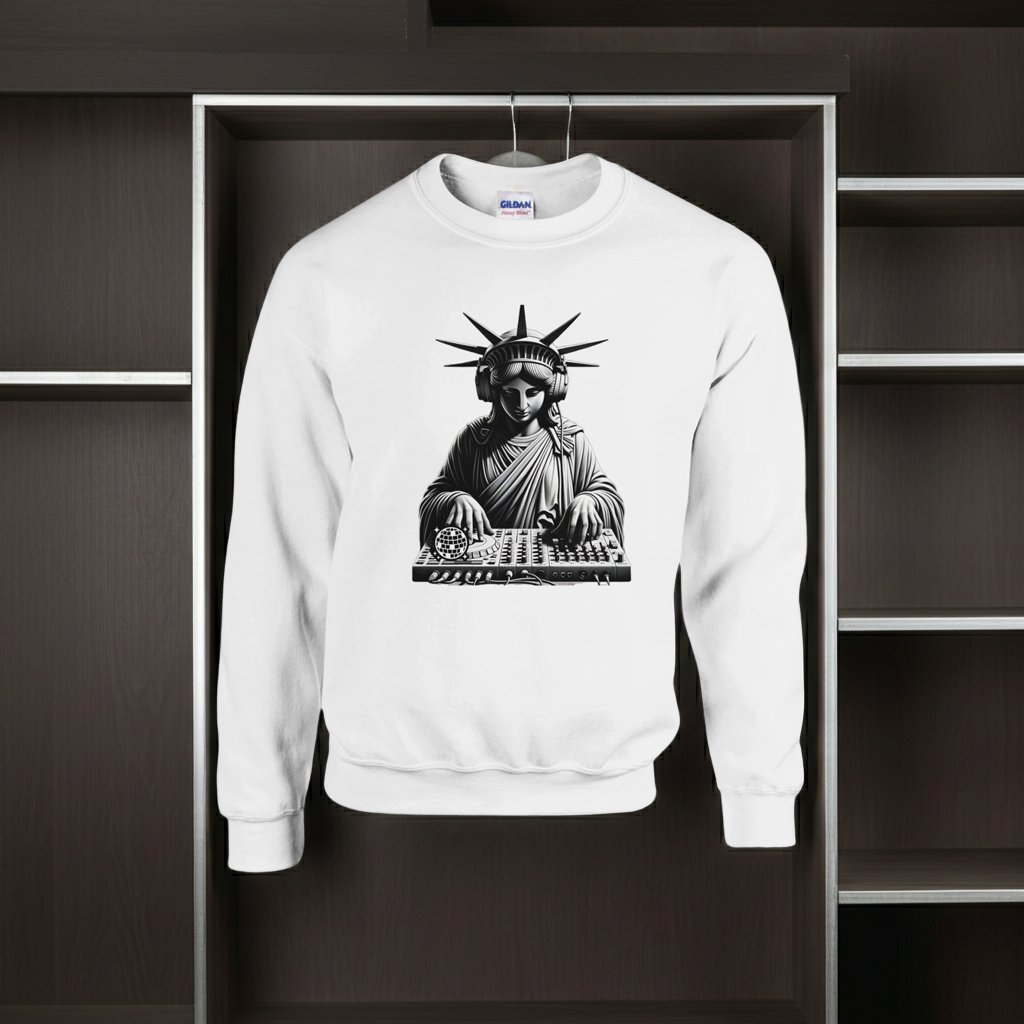 White sweatshirt with a graphic of the Statue of Liberty on a dark background