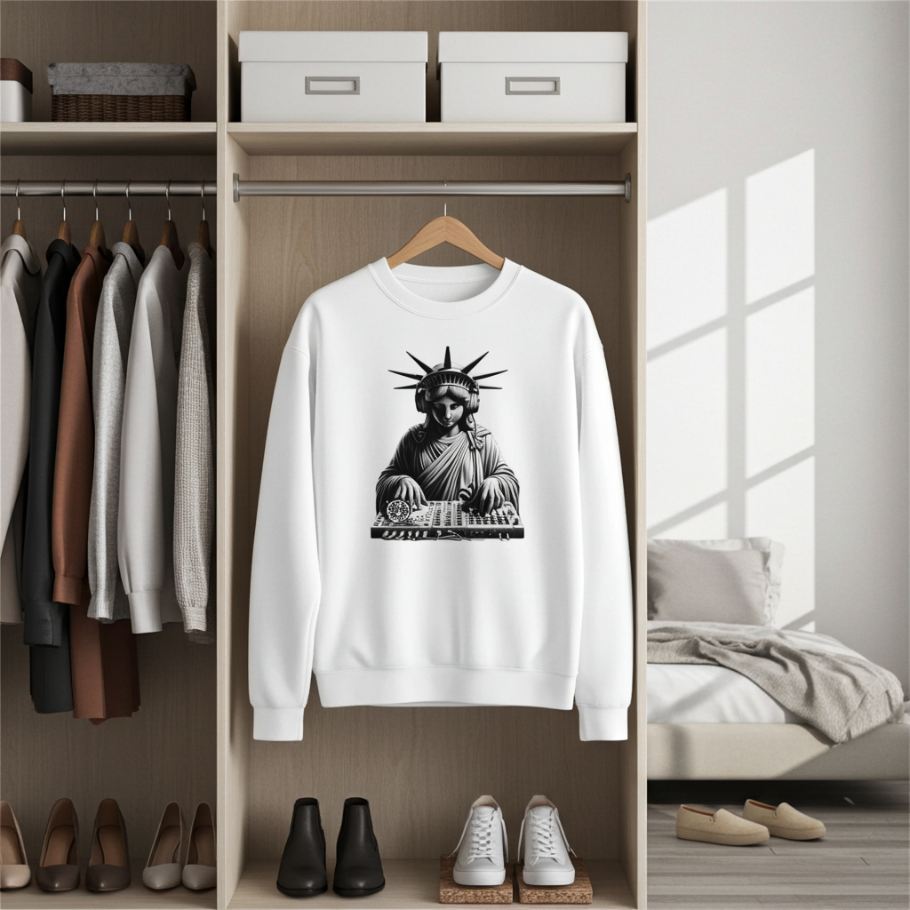 White sweatshirt with a graphic design of a statue of liberty on a hanger in a wardrobe.