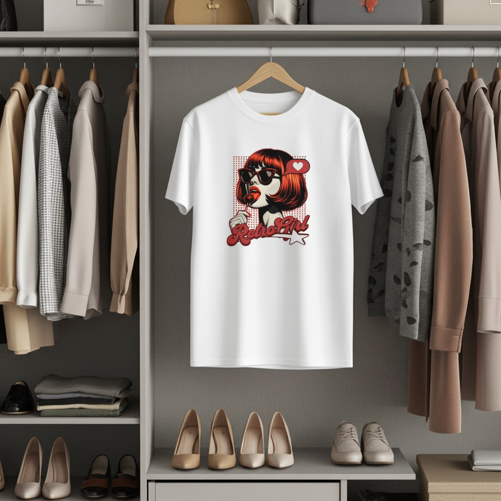 White t-shirt with a graphic design hanging in a wardrobe with clothes and shoes below.