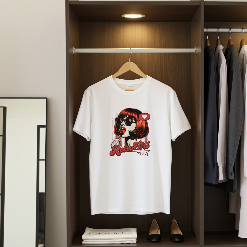 White t-shirt with a graphic design hanging in a wardrobe.