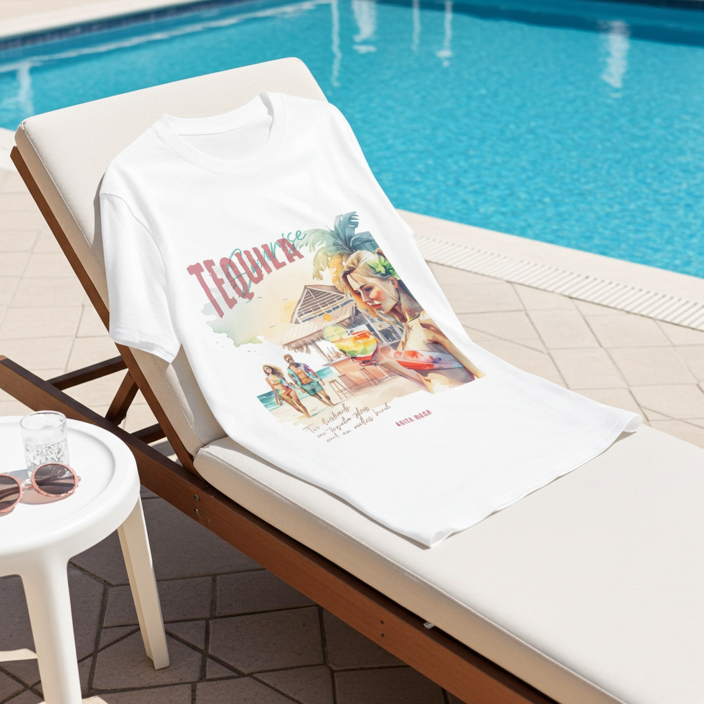 White T-Shirt with a tequila-themed design on a lounge chair by a pool.