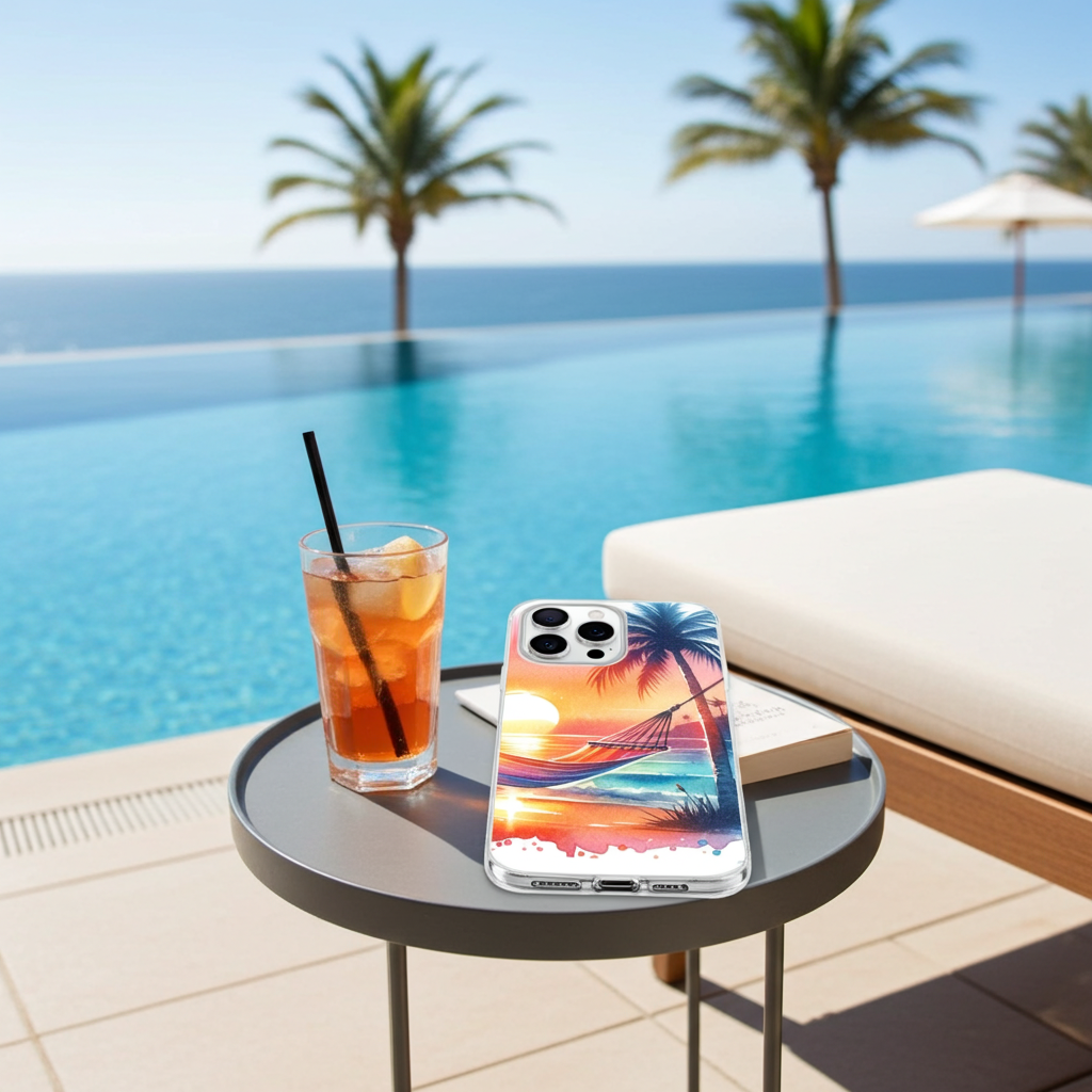 Phone case with palm tree design on a table by a pool with palm trees and blue sky.