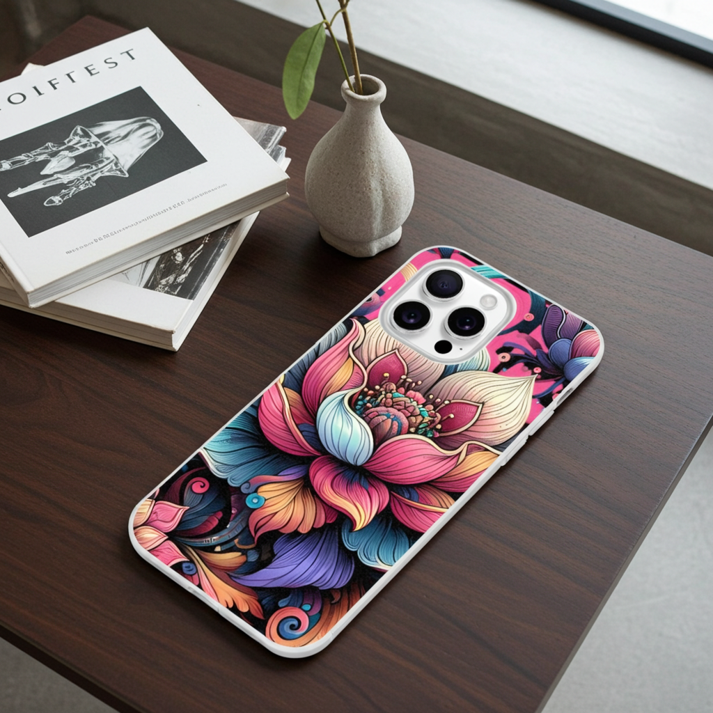 Colorful floral phone case on a wooden surface with books and a vase.
