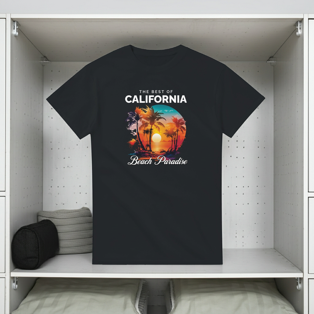 Black t-shirt with 'The Best of California Beach Paradise' design in a locker.