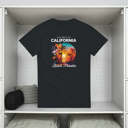 Black t-shirt with 'The Best of California Beach Paradise' design in a locker.