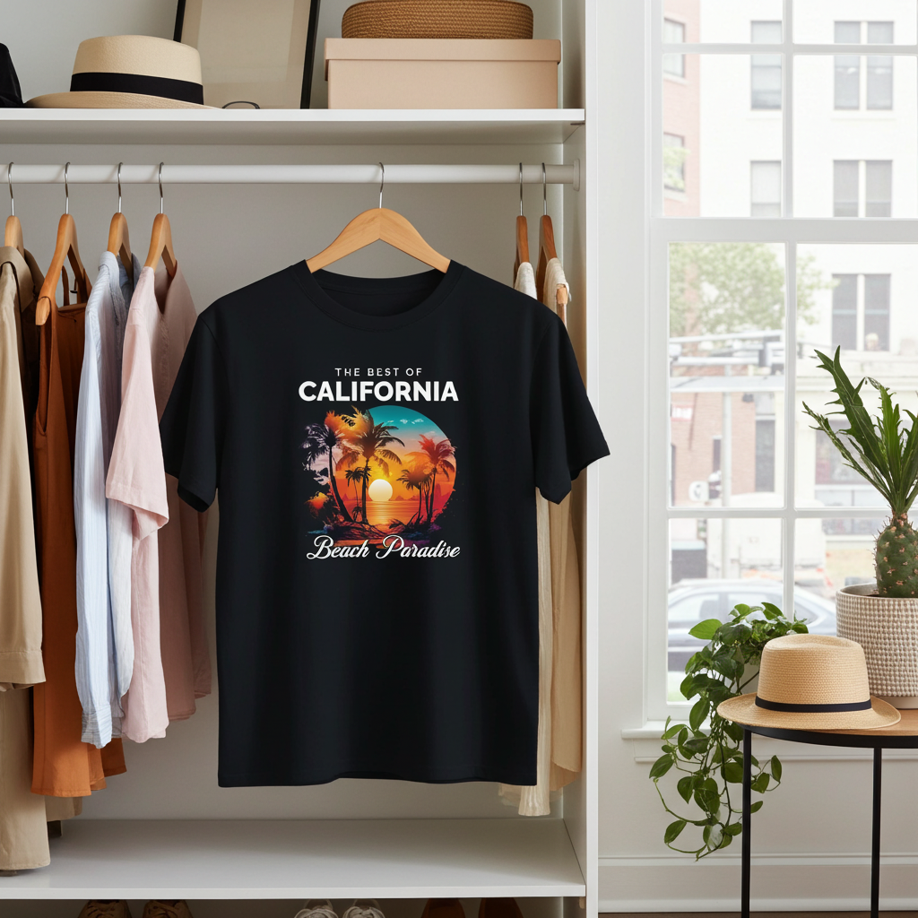 Black t-shirt with 'The Best of California Beach Paradise' design on a hanger in a room with clothes and decor.