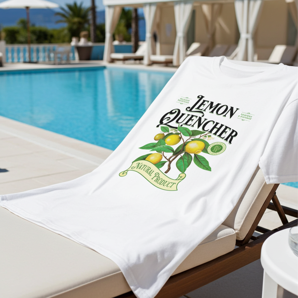 White T-Shirt with 'Lemon Quencher' design draped over a lounge chair by a pool.