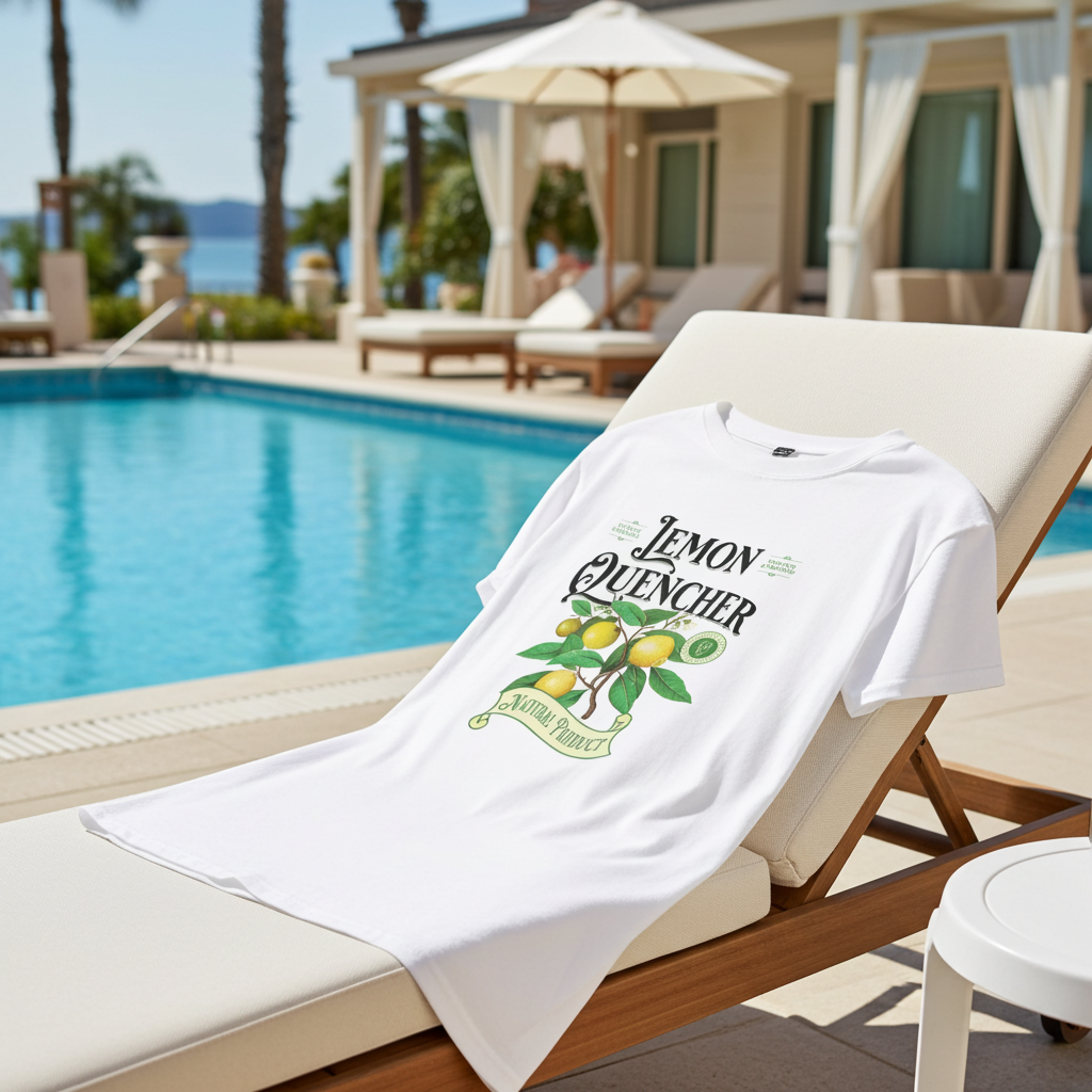 White t-shirt with 'Lemon Quencher' design on a lounge chair by a poolside.