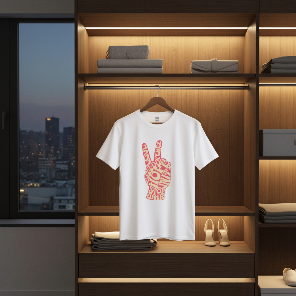 White t-shirt with red graphic design hanging on a wooden shelf in a modern closet.