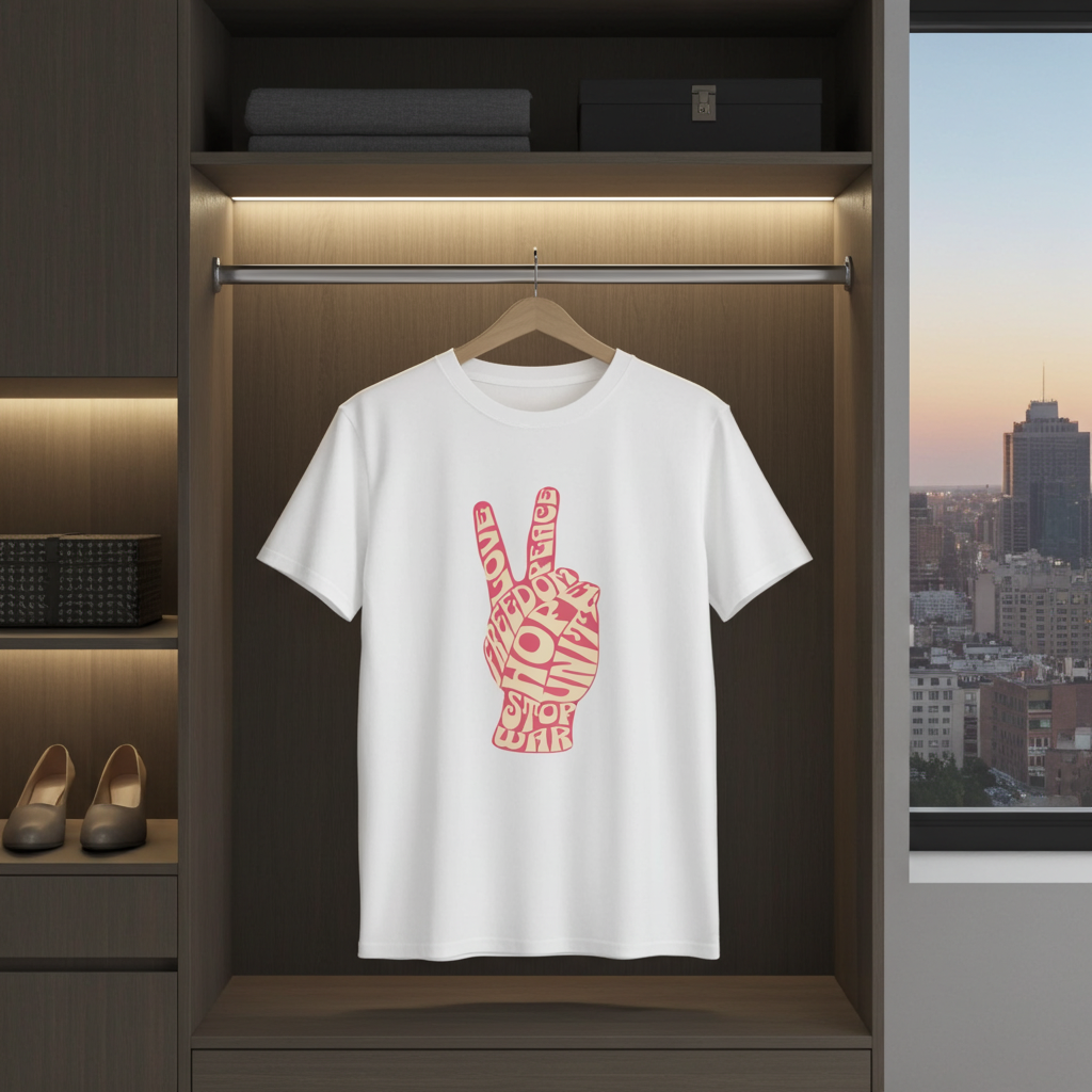 White t-shirt with red graphic design hanging in a modern wardrobe with city view.
