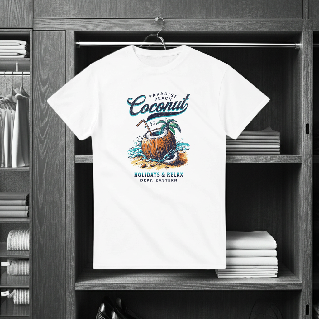 White t-shirt with coconut graphic and text on a hanger in a wardrobe.