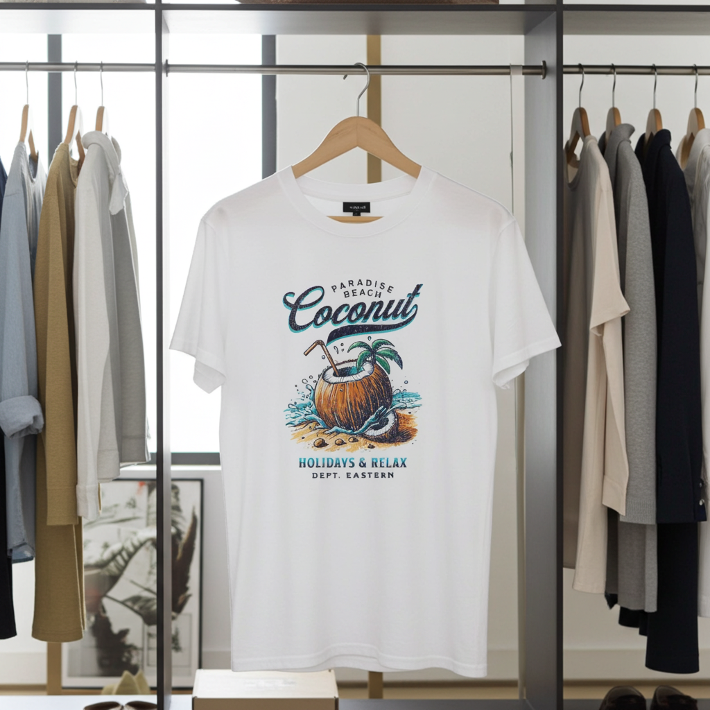 White t-shirt with coconut graphic design hanging on a rack with other clothes.