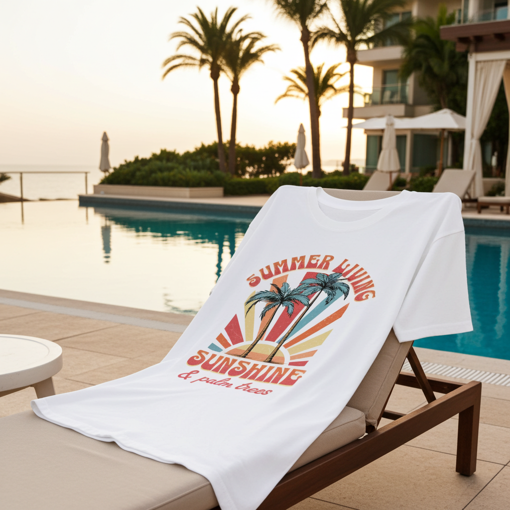 White T-Shirt with 'Summer Vibes Sunshine & Palm Trees' design on a lounge chair by a poolside.