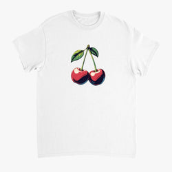 White women's T-shirt with a cherries graphic showing two red cherries and green leaves.