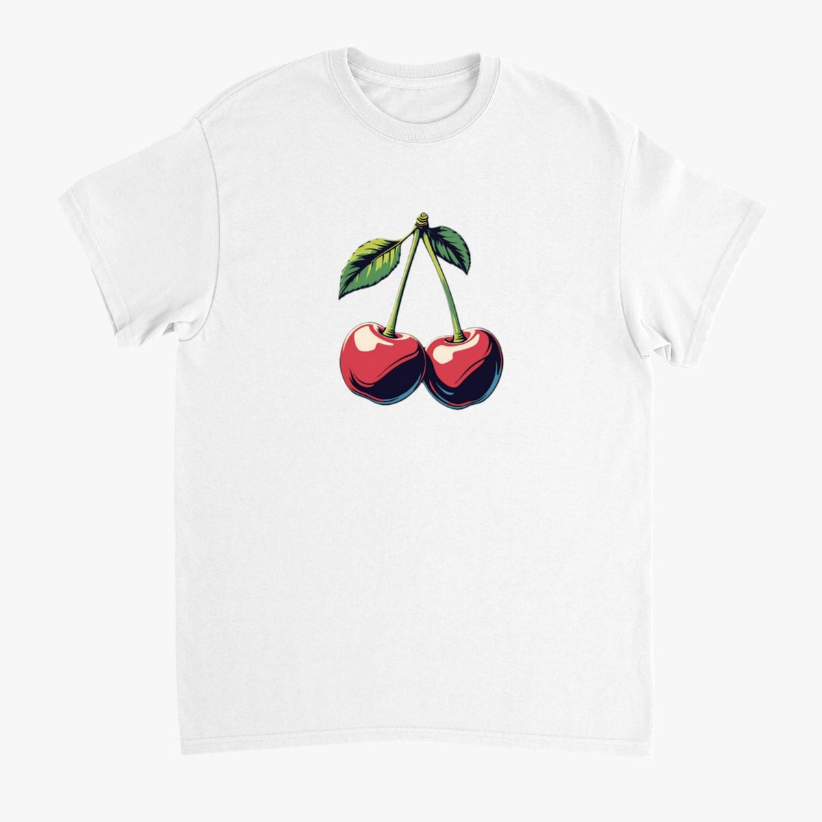White women's T-shirt with a cherries graphic showing two red cherries and green leaves.