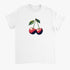 White women's T-shirt with a cherries graphic showing two red cherries and green leaves.