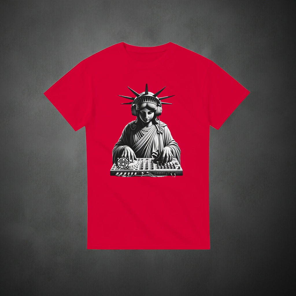 Red t-shirt with a graphic of the Statue of Liberty as a DJ on a dark background
