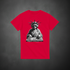 Red t-shirt with a graphic of the Statue of Liberty as a DJ on a dark background