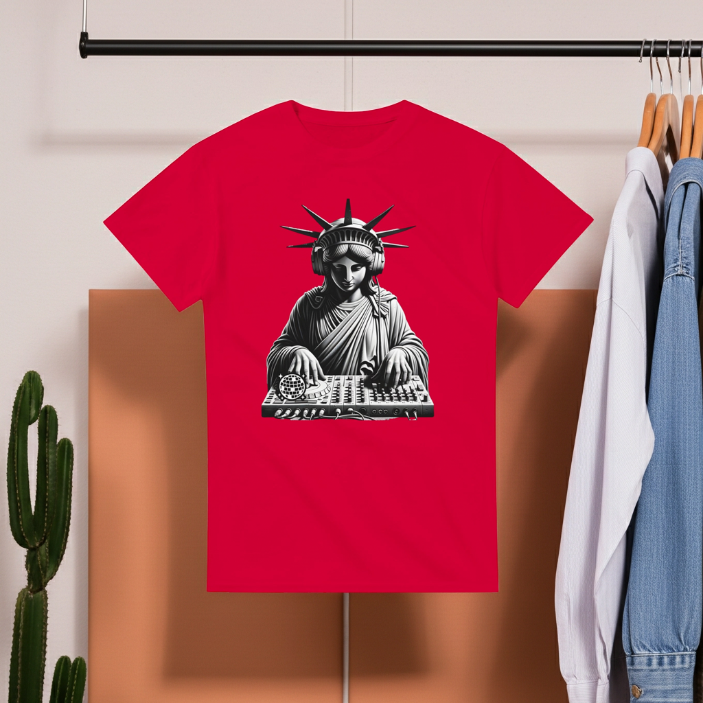 Red t-shirt with a graphic design of the Statue of Liberty as a DJ, hanging on a rack.