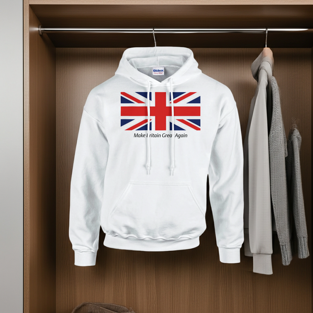White hoodie with Union Jack design and text hanging on a rack.