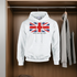 White hoodie with Union Jack design and text hanging on a rack.