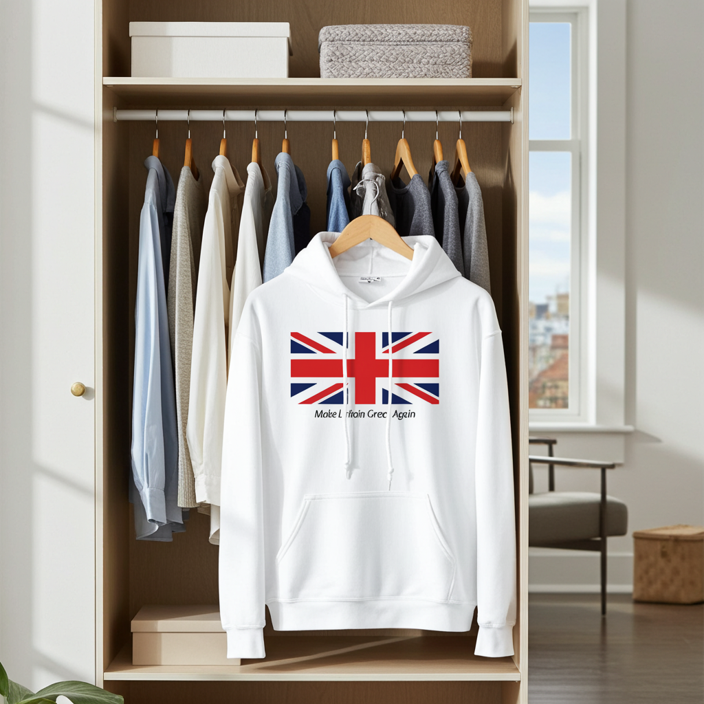 White hoodie with British flag design hanging in a wardrobe.