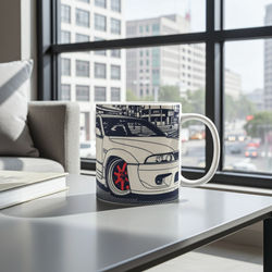 Mug with car design on a table by a window with cityscape view