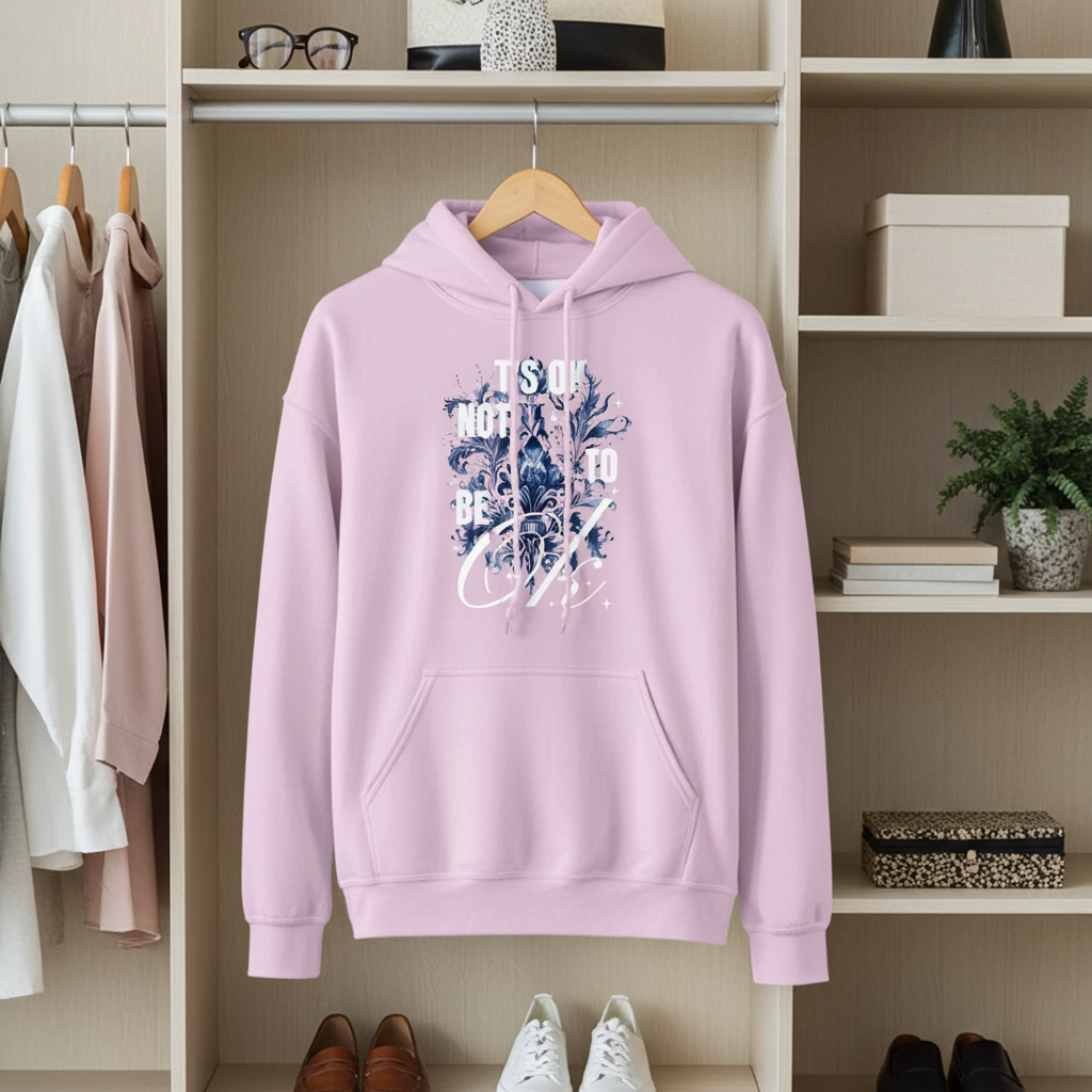 Pink hoodie with floral design and text hanging in a wardrobe.