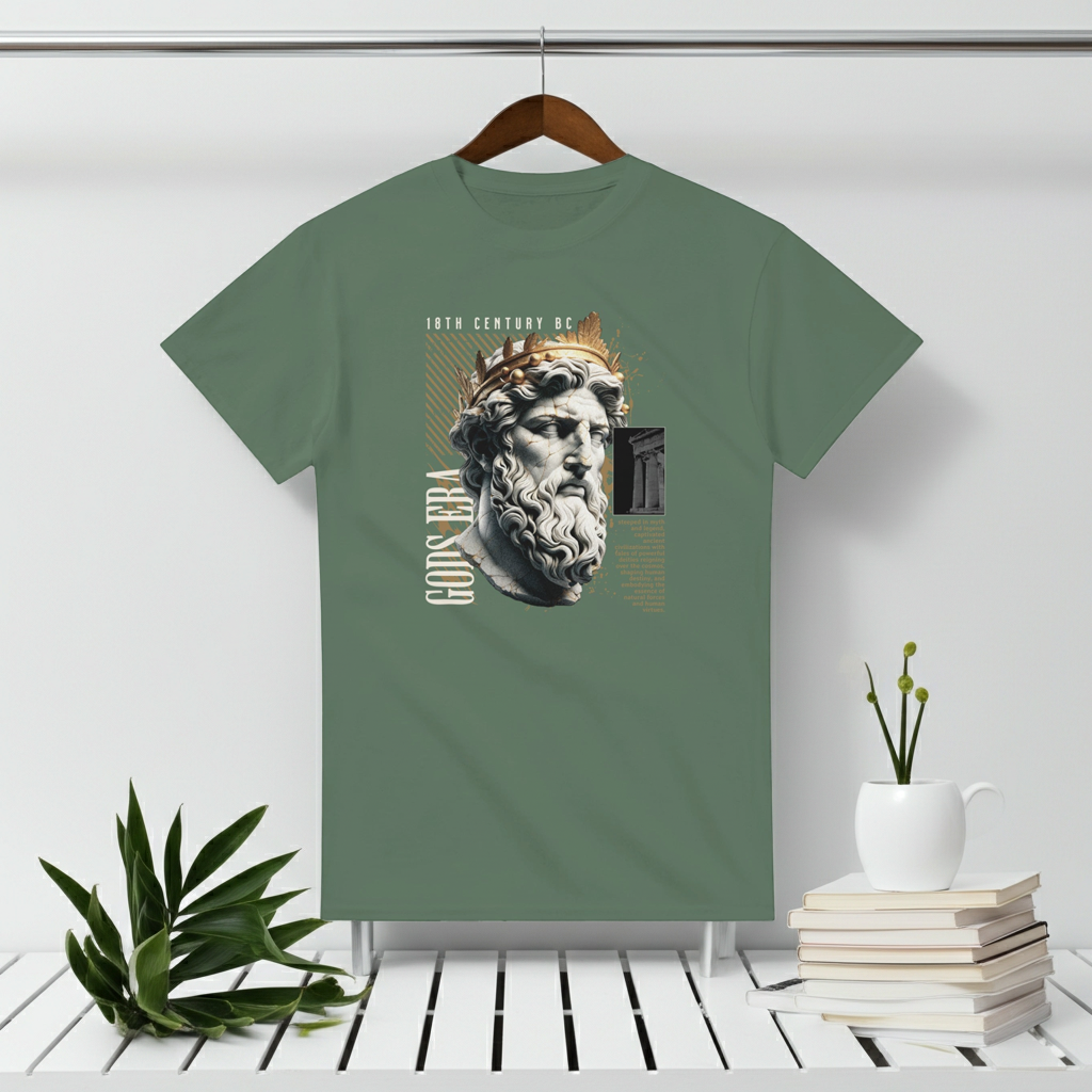 Green t-shirt with classical statue graphic on a hanger against a white wall.