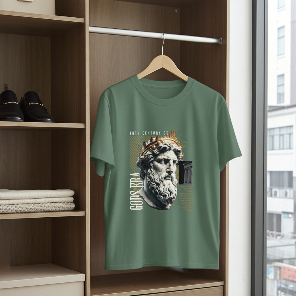 Green t-shirt with graphic design on a hanger in a wardrobe.