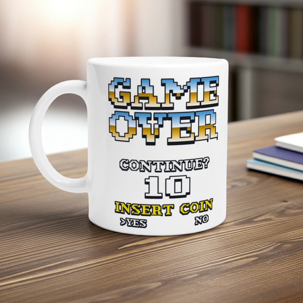 White ceramic mug with retro 8-bit GAME OVER and INSERT COIN text on a wooden desk.