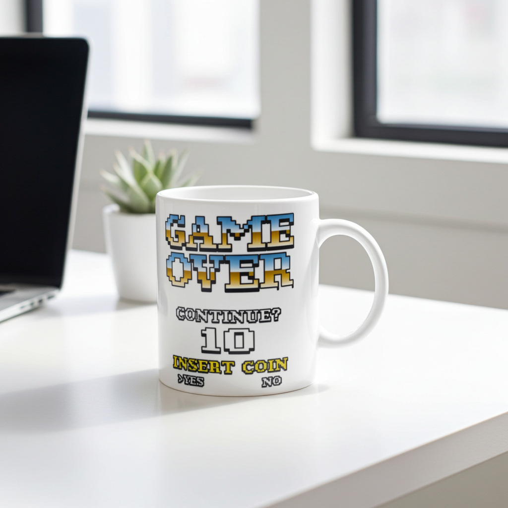 90's arcade mug: white ceramic with retro pixel-art GAME OVER and Insert Coin on a desk.