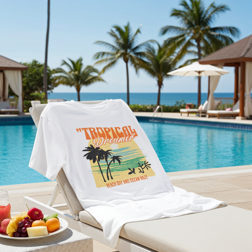 Tropical Dreams t-shirt on a lounge chair by a pool with palm trees and ocean view.