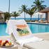 Tropical Dreams t-shirt on a lounge chair by a pool with palm trees and ocean view.