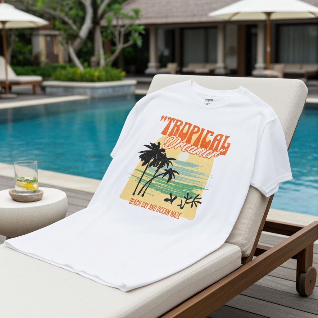 White t-shirt with tropical design on a lounge chair by a poolside.