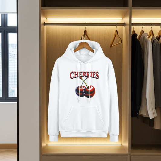 White hoodie with cherry design and 'CHERRIES' text hanging in a wardrobe.