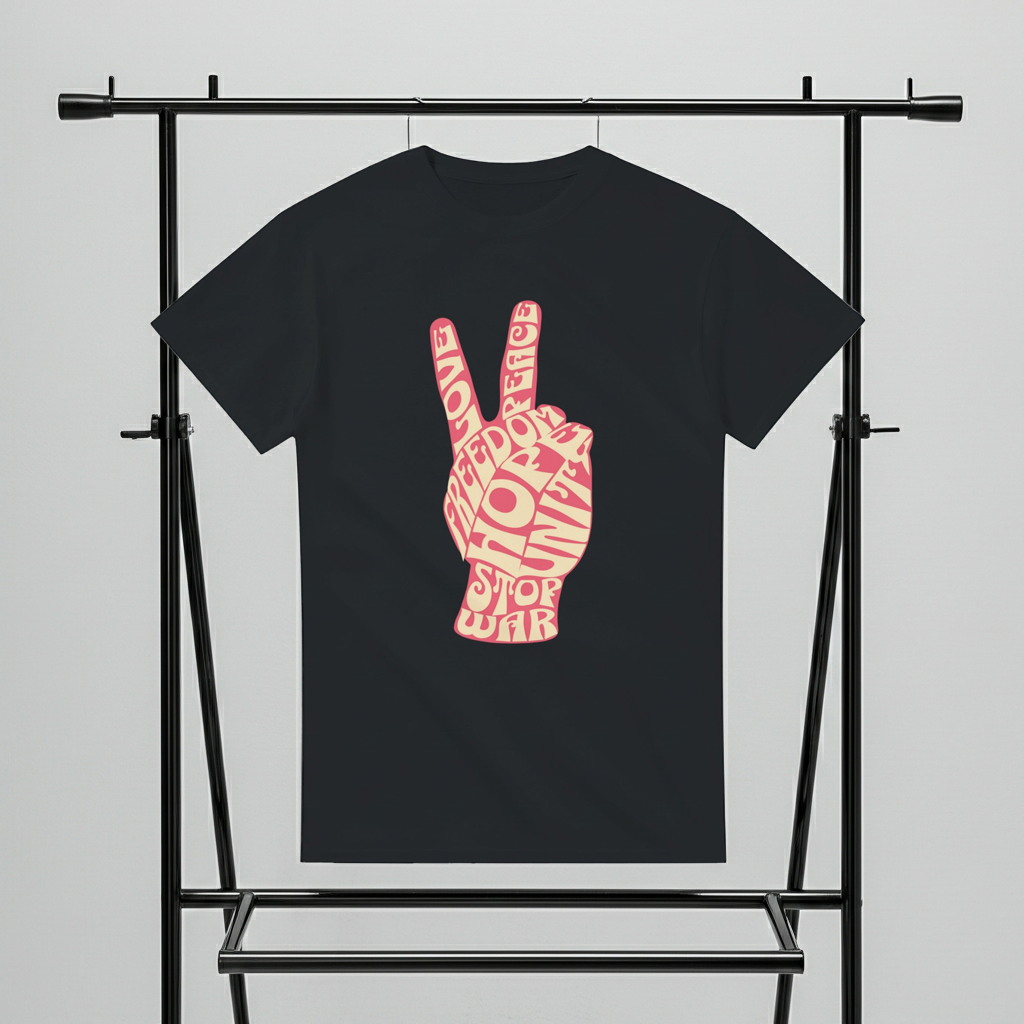 Black t-shirt with red peace sign design on a gray background