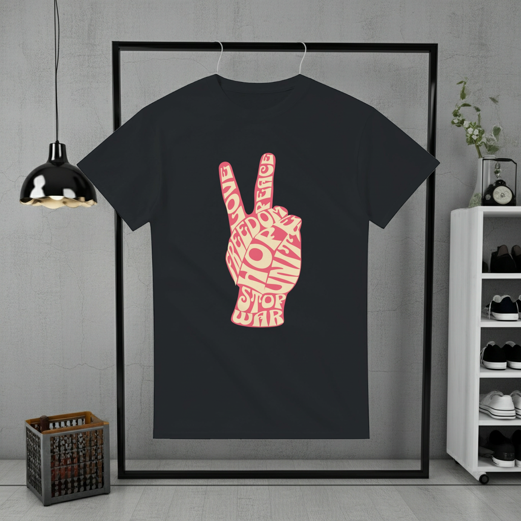 Black t-shirt with red peace sign design on a hanger against a gray wall.