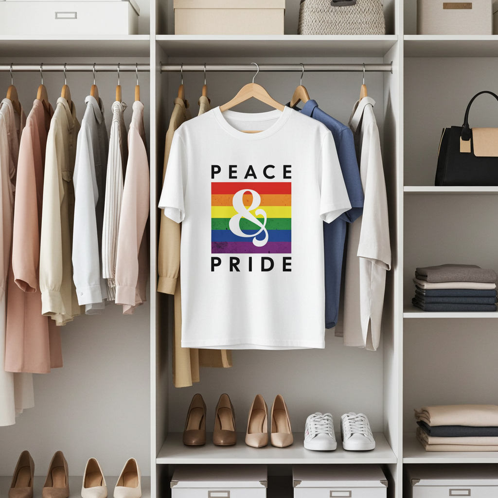 White t-shirt with 'Peace & Pride' design hanging in a wardrobe with clothes and shoes.
