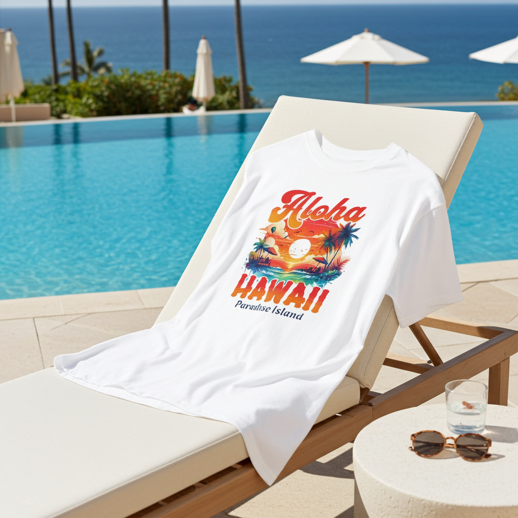 White T-Shirt with 'Aloha Hawaii Paradise Island' design on a lounge chair by a pool with ocean view.