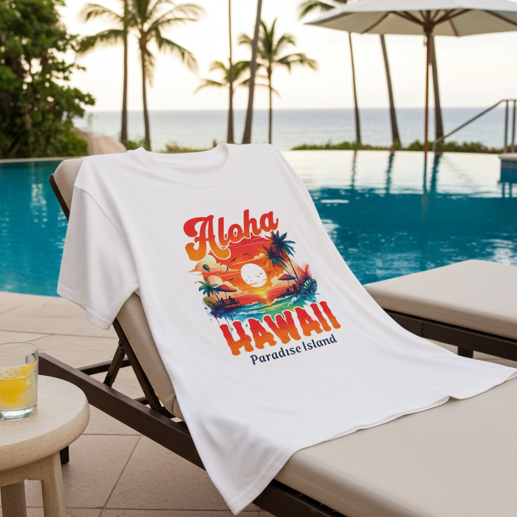 White T-Shirt with 'Aloha Hawaii Paradise Island' design on a lounge chair by a poolside.