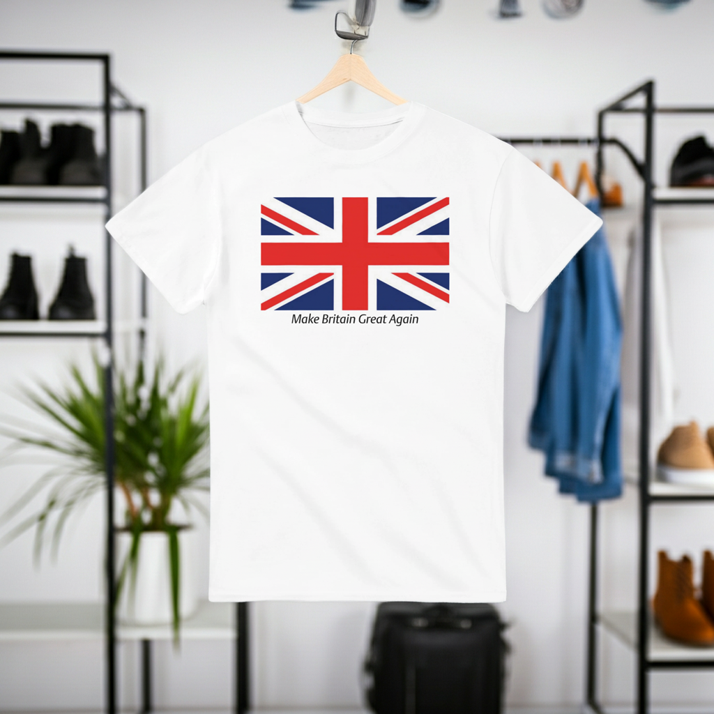 White t-shirt with Union Jack design and 'Make Britain Great Again' text on a hanger.