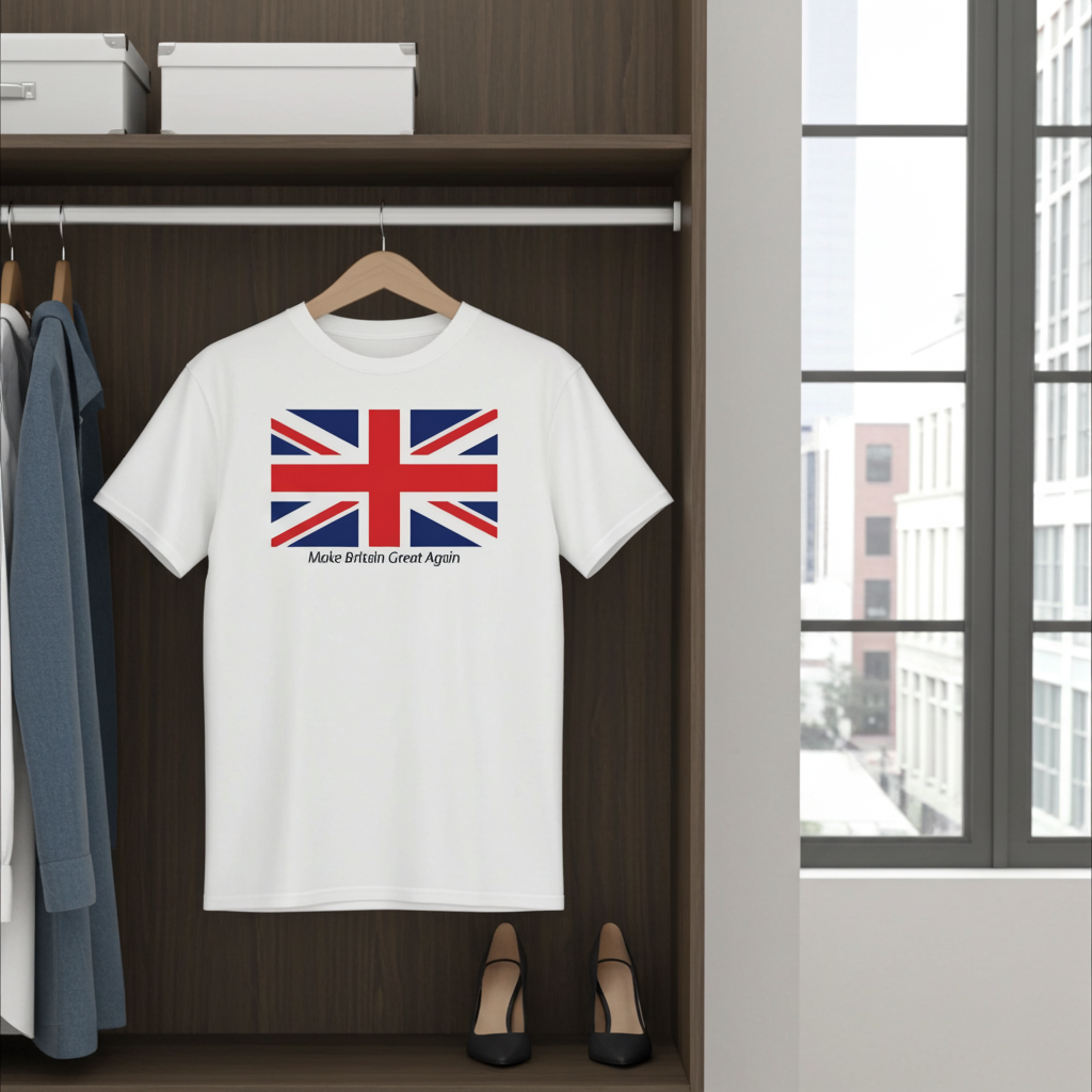 White t-shirt with British flag design hanging in a closet.