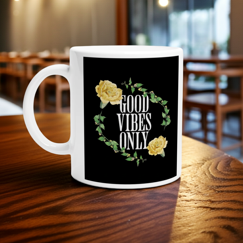 White mug with 'Good Vibes Only' design on a wooden table