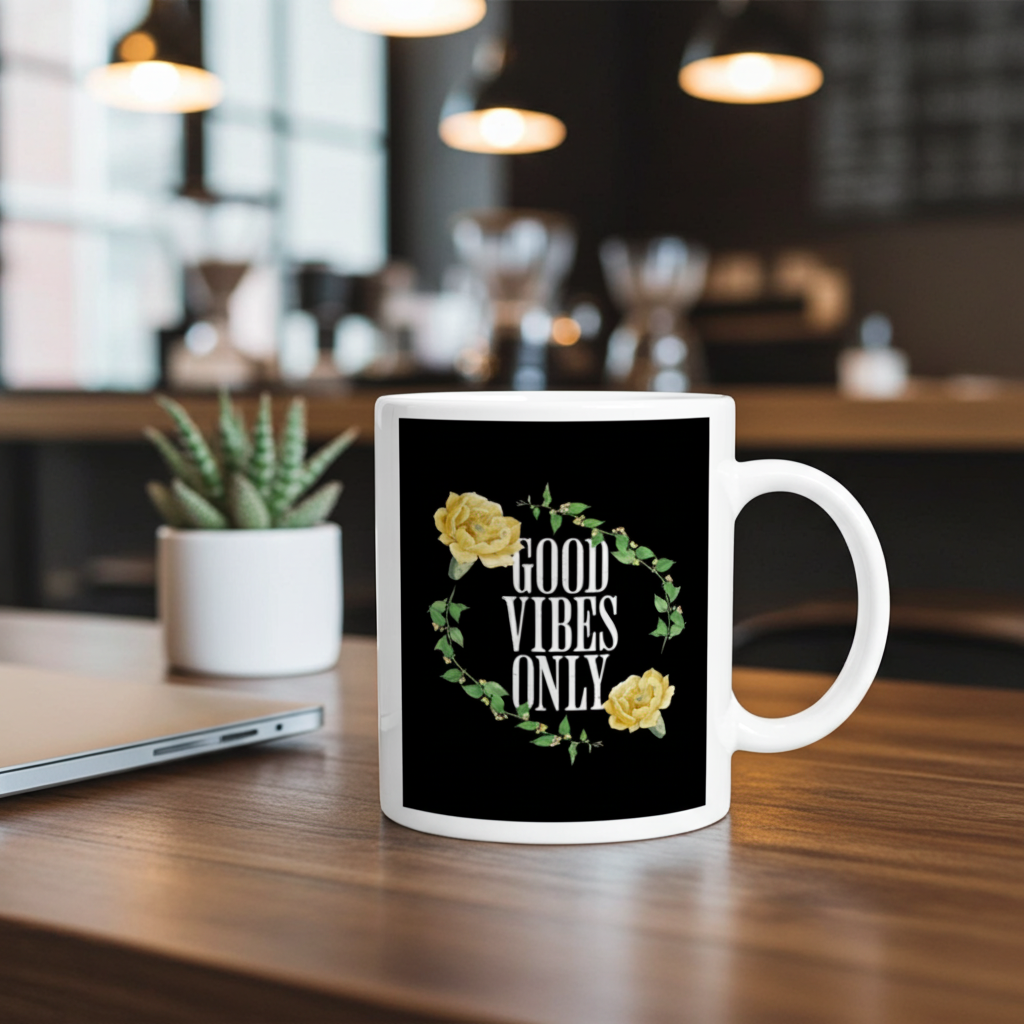 Mug with 'Good Vibes Only' text on a wooden table in a blurred cafe setting