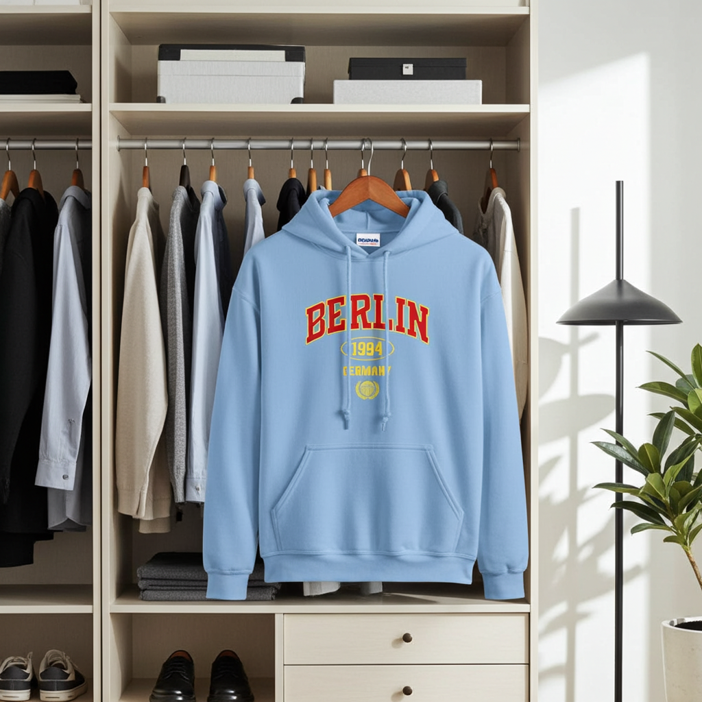 Light blue hoodie with 'BERLIN 1994' text hanging in a wardrobe.