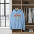 Blue hoodie with 'BERLIN 1994' text on a hanger in a wardrobe.