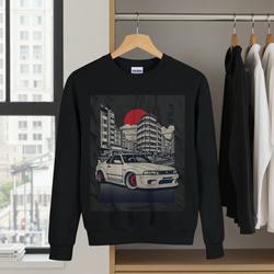 Black sweatshirt with car graphic on a hanger in a room with a cityscape view.