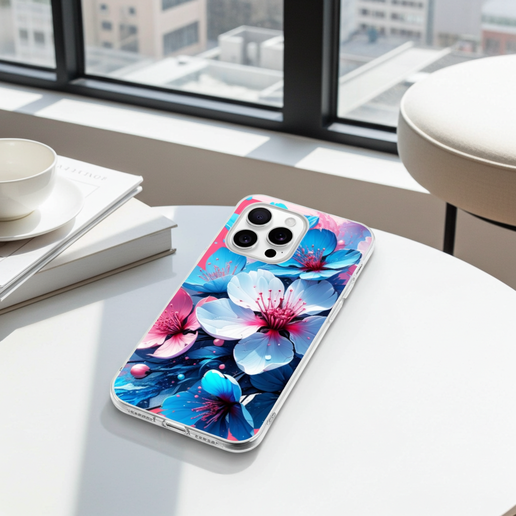 Phone case with floral design on a table with a cityscape background